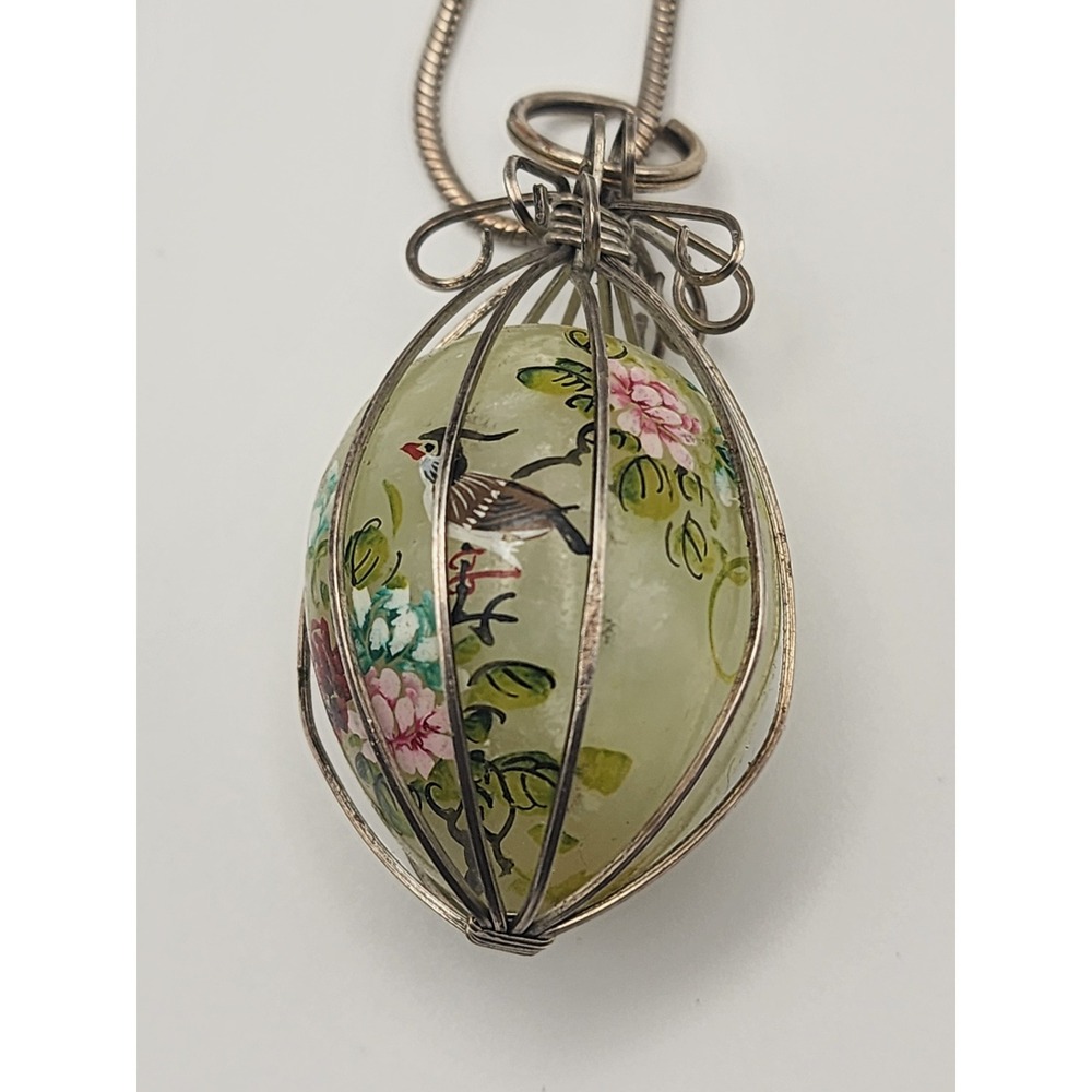Vintage Hand Painted Bird Floral Stone Egg Wire Wrap Cage Necklace Silver Tone